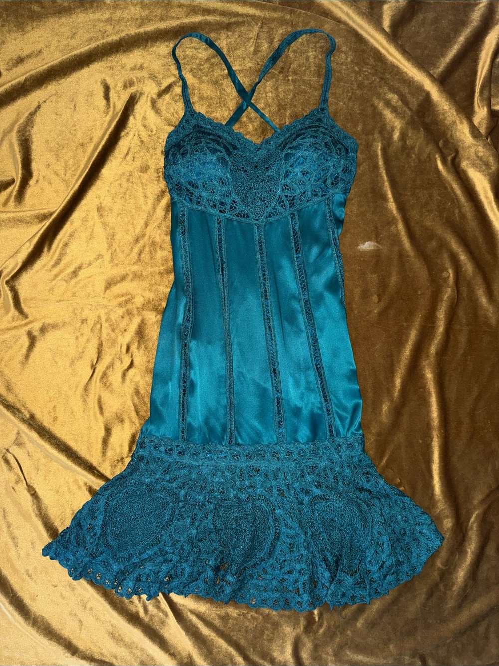 Sue Wong Teal Satin and Lace Dress